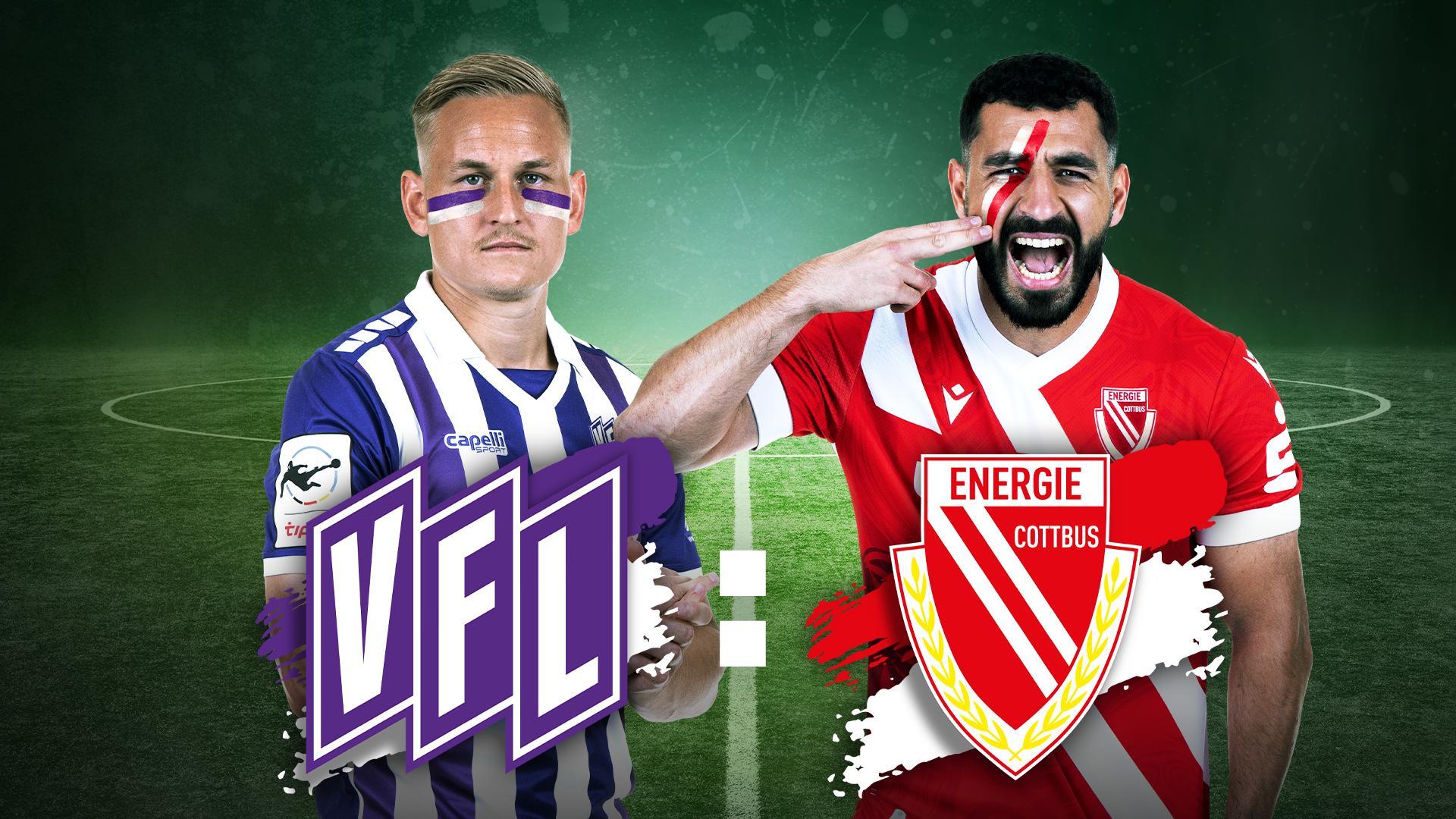 Werbegrafik mit den Spielern von VfL Osnabrück und Energie Cottbus sowie Vereinslogos